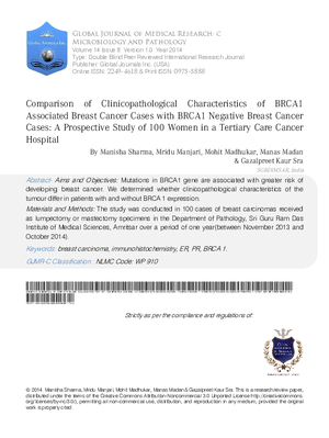 Comparison of Clinicopathological Characteristics of BRCA1 Associated Breast Cancer Cases with BRCA1 Negative Breast Cancer Cases: A Prospective Study of 100 Women in Tertiary Care Cancer Hospital
