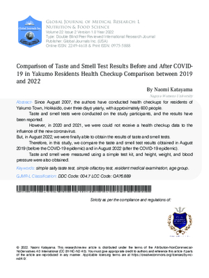 Comparison of Taste and Smell Test Results Before and After COVID-19 in Yakumo Residents  Health Checkup ― Comparison between 2019 and 2022 ―