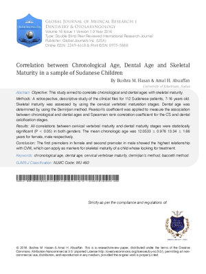 Correlation between Chronological Age, Dental Age and Skeletal Maturity in a Sample of Sudanese Children