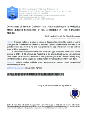 Correlation of Protein Carbonyl and  Malondialdehyde in Oxidative Stress Induced Senescence of RBC Membrane in Type 2 Diabetes Mellitus
