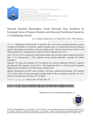 Delayed Hospital Discharges; Could Pressure Sore Incidents in Fractured Neck of Femurs Patients and Elevated Nutritional Needs be a Contributing Factor?