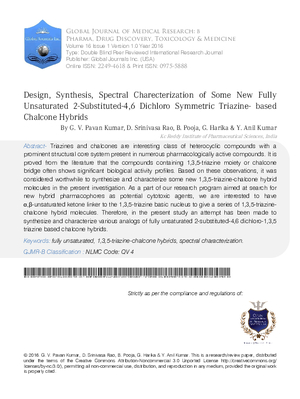 Design, Synthesis, Spectral Charecterization of Some New Fully Unsaturated 2-Substituted-4, 6 Dichloro  Symmetric Triazine- Based Chalcone Hybrids