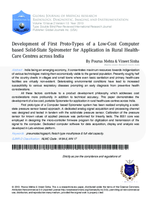 Development of First Proto-Types of a Low-Cost Computer based Solid-State Spirometer for Application in Rural Health-Care Centres Across India