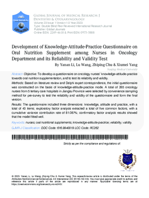 Development of Knowledge-Attitude-Practice Questionnaire on Oral Nutrition Supplement Among Nurses in Oncology Department and its Reliability and Validity Test
