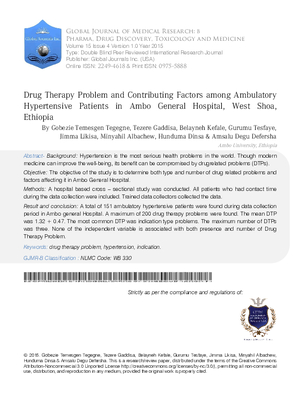 Drug Therapy Problem and Contributing Factors among Ambulatory Hypertensive Patients in Ambo General Hospital, West Shoa, Ethiopia