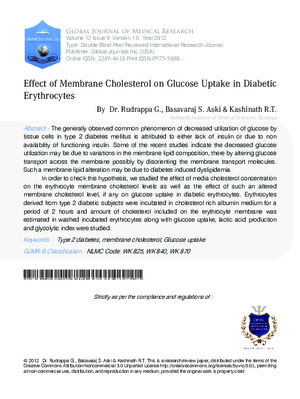 Effect of Membrane Cholesterol on Glucose uptake in Diabetic Erythrocytes
