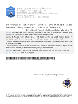 Effectiveness of Transcutaneous Electrical Nerve Stimulation in the Treatment of Temporomandibular Disorders - A Clinical Study