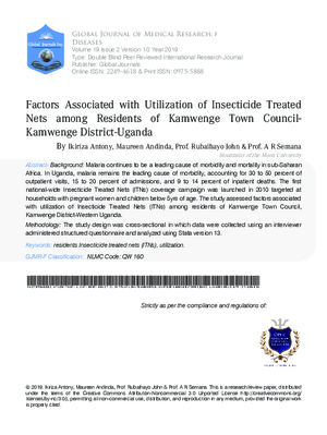 Factors Associated with Utilization of Insecticide Treated Nets among Residents of Kamwenge Town Council-Kamwenge District-Uganda