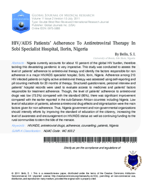 HIV/AIDS patientsa adherence to antiretroviral therapy in Sobi specialist hospital, Ilorin, Nigeria