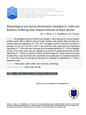 Hematological and Serum Biochemical Alteration in Cattle and Buffaloes Suffering From Natural Infection of Black Quarter