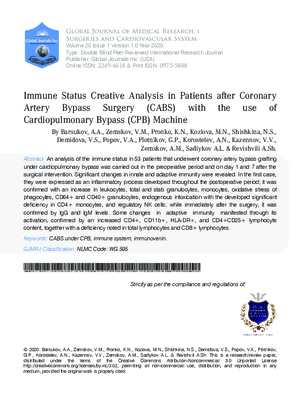 Immune Status Creative Analysis in Patients after Coronary Artery Bypass Surgery (CABS) With the use of Cardiopulmonary Bypass (CPB) Machine
