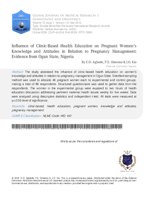 Influence of Clinic-Based Health Education on Pregnant Womens Knowledge and Attitudes in Relation to Pregnancy Management: Evidence from Ogun State, Nigeria