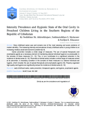 Intensity Prevalence and Hygienic State of the Oral Cavity in Preschool Children Living in the Southern Regions of the Republic of Uzbekstan