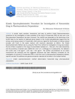 Kinetic Spectrophotometric Procedure for Investigation of Furosemide Drug in Pharmaceuticals Preparations