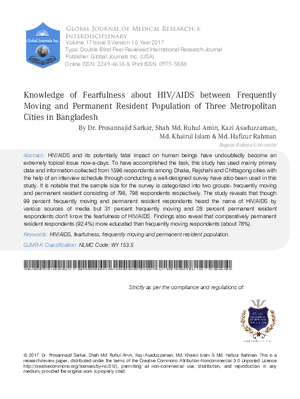 Knowledge of Fearfulness about HIV/AIDS between Frequently Moving and Permanent Resident Population of three Metropolitan Cities in Bangladesh