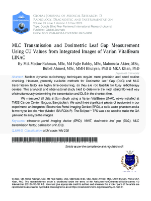 MLC Transmission and Dosimetric Leaf Gap Measurement Using CU Values from Integrated Images of Varian VitalBeam LINAC.