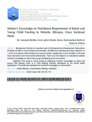 Motheras Knowledge on Nutritional Requirement of Infant and Young Child Feeding in Mekelle, Ethiopia, Cross Sectional Study