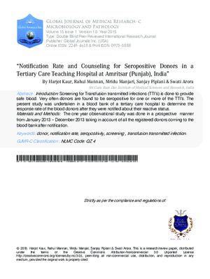 Notification Rate and Counseling for Seropositive Donors in a Tertiary Care Teaching Hospital at Amritsar (Punjab), India