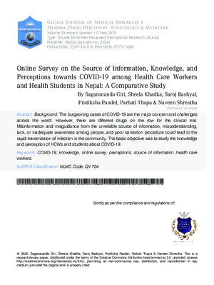 Online Survey on the Source of Information, Knowledge, and Perceptions towards COVID-19 among Health Care Workers and Health Students in Nepal: A Comparative Study