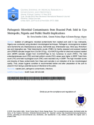 Pathogenic Microbial Contaminants from Roasted Pork Sold in Uyo Metropolis, Nigeria and Public Health Implications