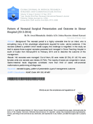 Pattern of Neonatal Surgical Presentation and Outcome in Sinnar Hospital (2013-2014)