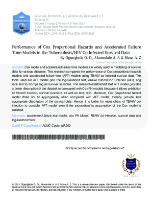 Performance of Cox Proportional Hazards and Accelerated Failure Time Models in the Tuberculosis/HIV Co-Infected Survival Data