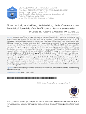 Phytochemical, Antioxidant, Anti-Arthritic, Anti-Inflammatory and Bactericidal Potentials of the Leaf Extract of Lactuca teraxacifolia