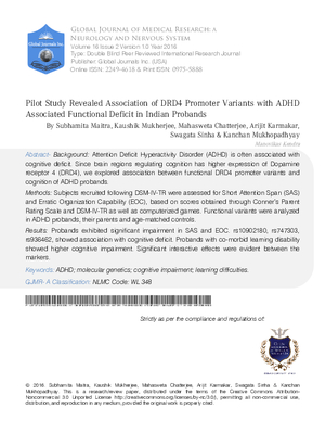 Pilot Study Revealed Association of DRD4 Promoter Variants with ADHD Associated Functional Deficit in Indian Probands