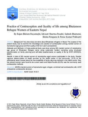 Practice of contraception and Quality of Life among Bhutanese Refugee women of Eastern Nepal