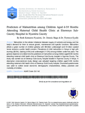 Predictors of Malnutrition among Children Aged 6-59 Months Attending Maternal Child Health Clinic at Ekerenyo Sub-County Hospital in Nyamira County