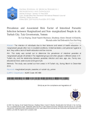 Prevalence and Associated Risk Factor of Intestinal Parasitic Infection Between Marginalized and Non- marginalized People In AL-Turbah City. Taiz Governorate, Yemen.