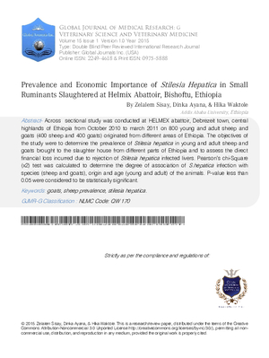 Prevalence and Economic Importance of Stilesia Hepatica in Small Ruminants Slaughtered at Helmix Abattoir, Bishoftu, Ethiopia
