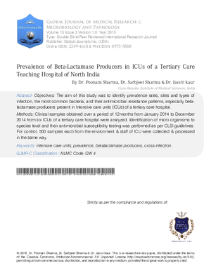 Prevalence of Beta-Lactamase Producers in ICUs of a Tertiary Care Teaching Hospital of North India
