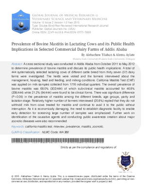 Prevalence of Bovine Mastitis in Lactating Cows and its Public Health Implications in Selected Commercial Dairy Farms of Addis Ababa