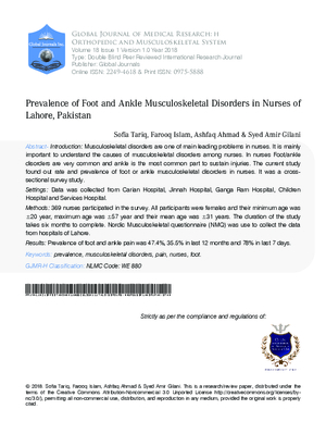 Prevalence of Foot and Ankle Musculoskeletal Disorders in Nurses of Lahore Pakistan