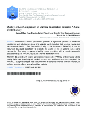 Quality of Life Comparison in Chronic Pancreatitis patients: A Case-Control Study