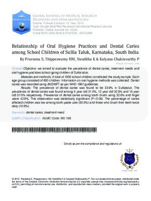 Relationship of Oral Hygiene Practices and Dental Caries among School Children of Sullia taluk, Karnataka, South India