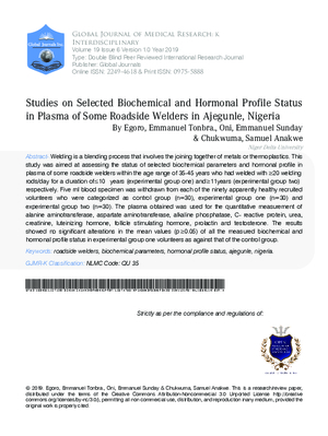 Studies on Selected Biochemical and Hormonal Profile Status in Plasma of Some Roadside Welders in Ajegunle, Nigeria