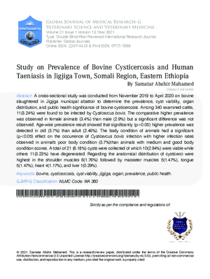 Study on Prevalence of Bovine Cysticercosis and Human Taeniasis in Jigjiga Town, Somali Region, Eastern Ethiopia