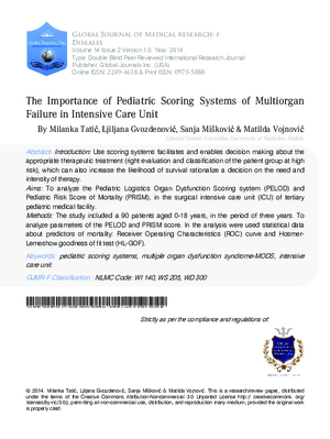 The Importance of Pediatric Scoring Systems of Multiorgan Failure in Intensive Care Unit