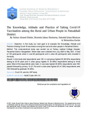 The Knowledge, Attitude and Practice of Taking Covid-19 Vaccination among the Rural and Urban People in Patuakhali District
