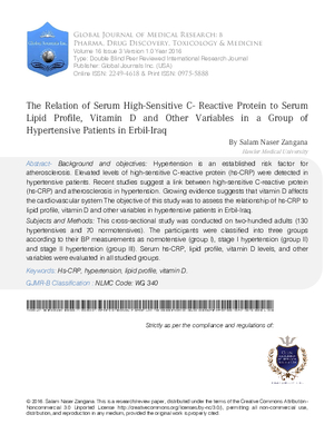 The Relation of Serum High-Sensitive C- Reactive Protein to Serum Lipid Profile, Vitamin D and Other Variables in a Group of Hypertensive Patients in Erbil-Iraq