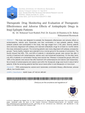 Therapeutic Drug Monitoring and Evaluation of Therapeutic Effectiveness and Adverse Effects in Iraqi Epileptic Patients