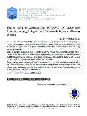 Urgent Need to Address Gap in COVID 19 Vaccination Coverage among Refugees and Vulnerable Internal Migrants in India