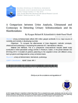 A Comparison between Urine Analysis, Ultrasound and Cystoscopy in Detecting Urinary Schistosomiasis and its Manifestations