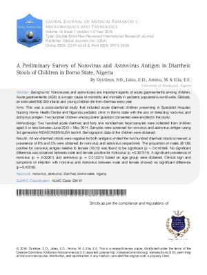 A Preliminary Survey of Norovirus and Astrovirus Antigen in Diarrheic Stools of Children in Borno State, Nigeria