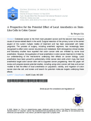 A Prospective for the Potential Effect of Local Anesthetics on Stem-Like Cells in Colon Cancer
