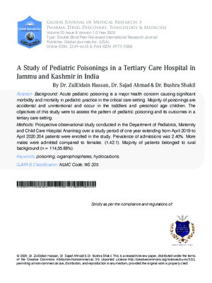 A Study of Pediatric Poisonings in a Tertiary Care Hospital in Jammu and Kashmir in India