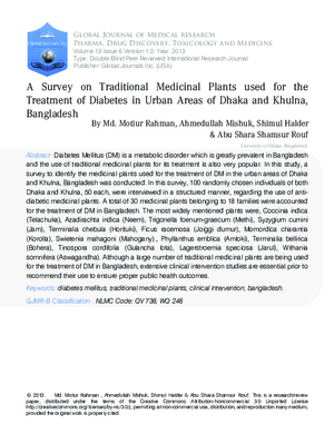 A Survey on Traditional Medicinal Plants used for the Treatment of Diabetes in Urban Areas of Dhaka and Khulna, Bangladesh