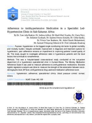 Adherence to Antihypertensive Medication in a Specialist Led- Hypertension Clinic in Sub-Saharan Africa